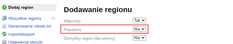 Włączenie popularne miasta (SEO-regiony)