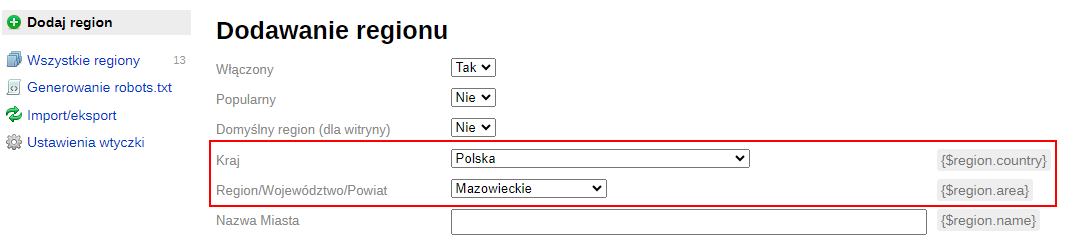 Wybór kraja i regiona (SEO-regiony)