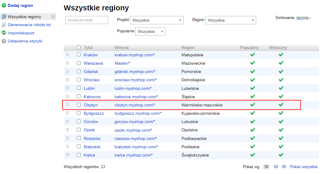 Region na liście (SEO-regiony)