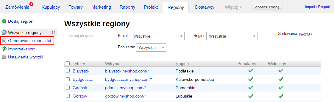 Przejdź do sekcji Generowanie robots.txt (SEO-regiony)