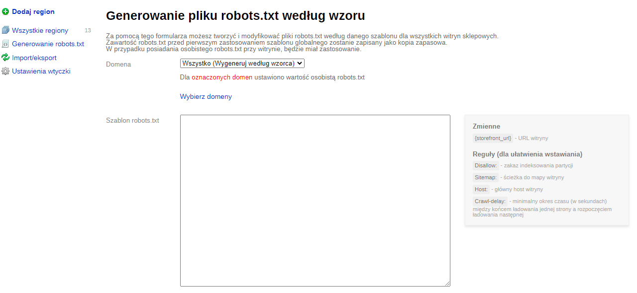Formularz Generowanie robots.txt (SEO-regiony)