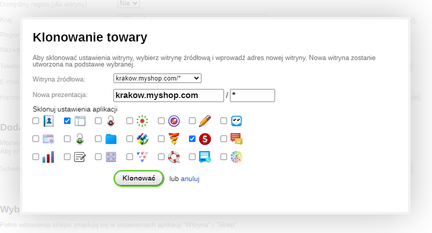 Formularz klonowania witryny sklepowej (SEO-regiony)