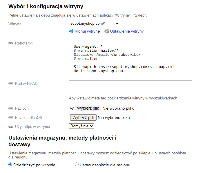 Ustawienia witryny sklepu skopiowane (SEO-regiony)