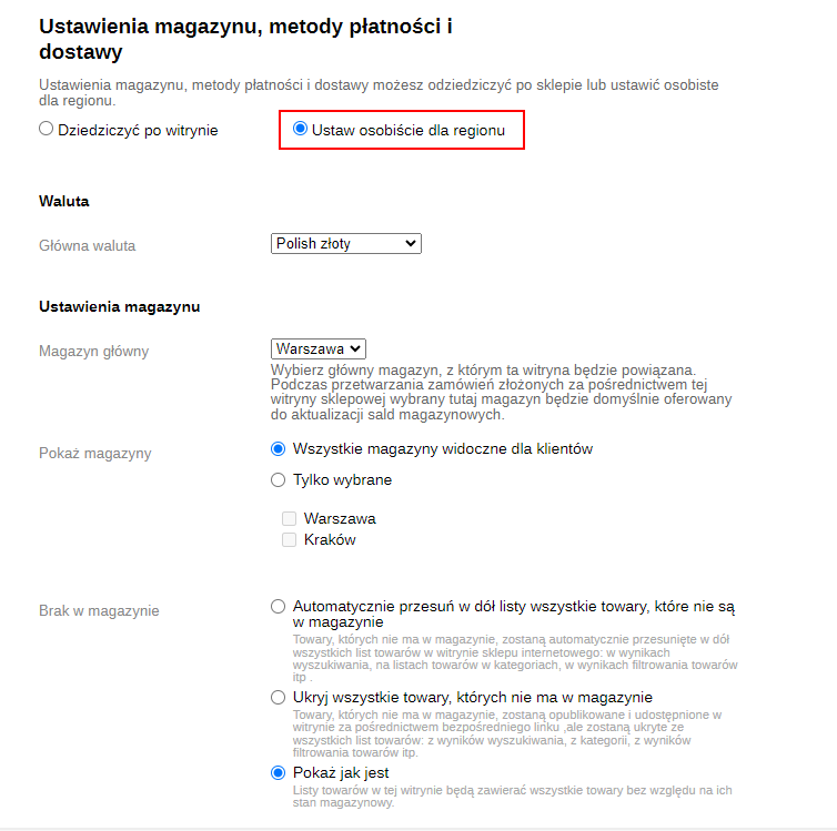 Ustawienia magazynu, metody płatności i dostawy (SEO-regiony)