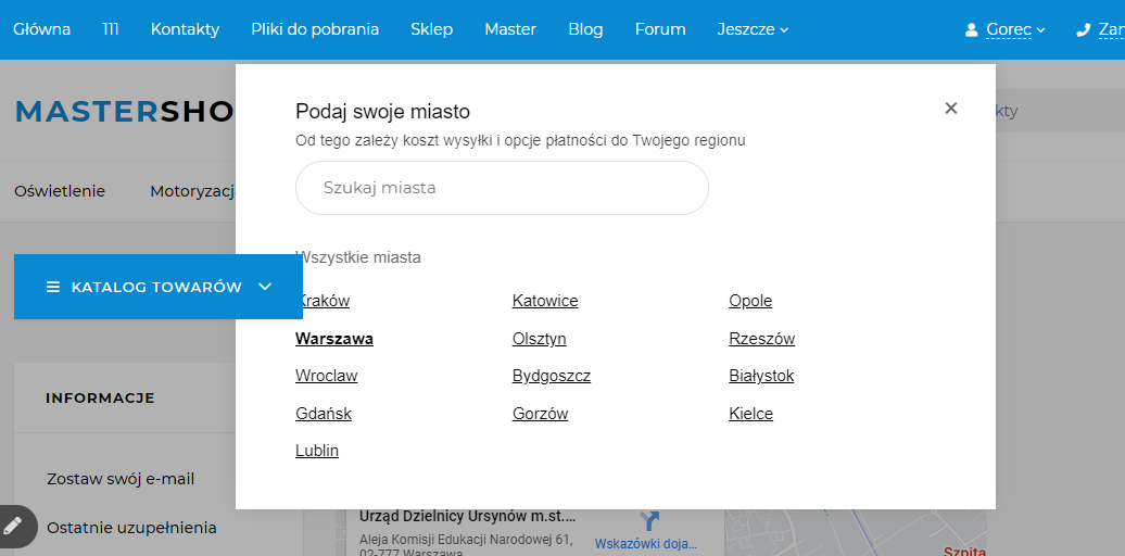 Wyskakujące okienko częściowo nakładane przez pasek menu (SEO-regiony)