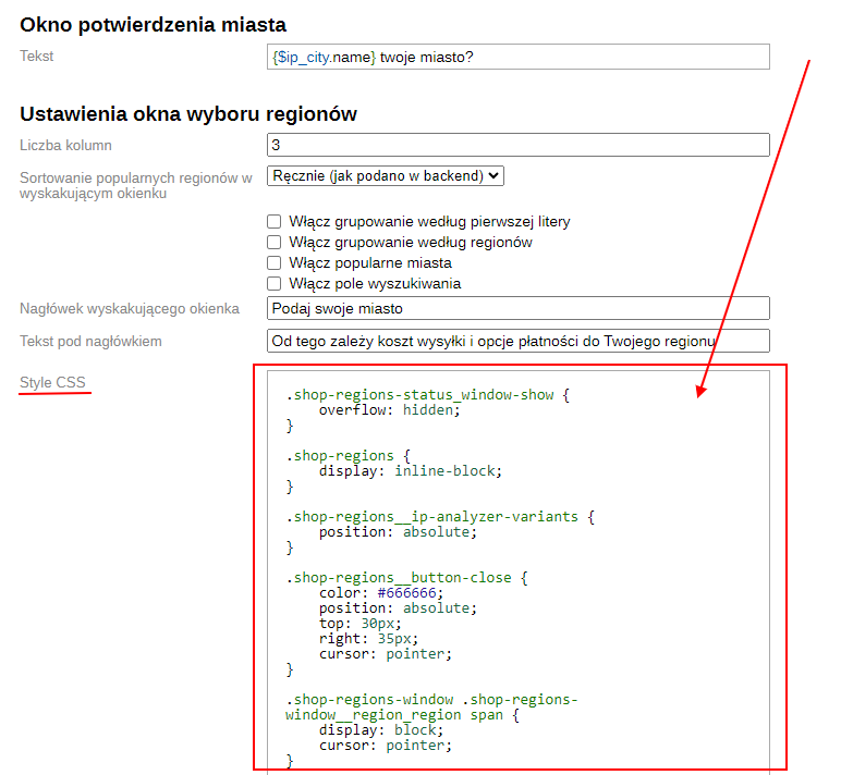 Pole edycji stylów CSS (SEO-regiony)