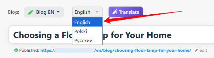 Przełącznik języka wpisu w edytorze