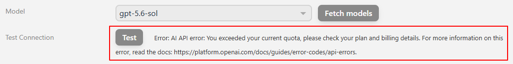 Nieudany test połączenia AI