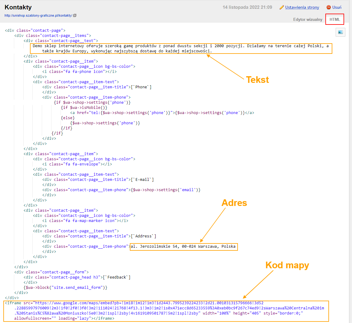 Opis i kod html strony kontaktowej (Unishop)