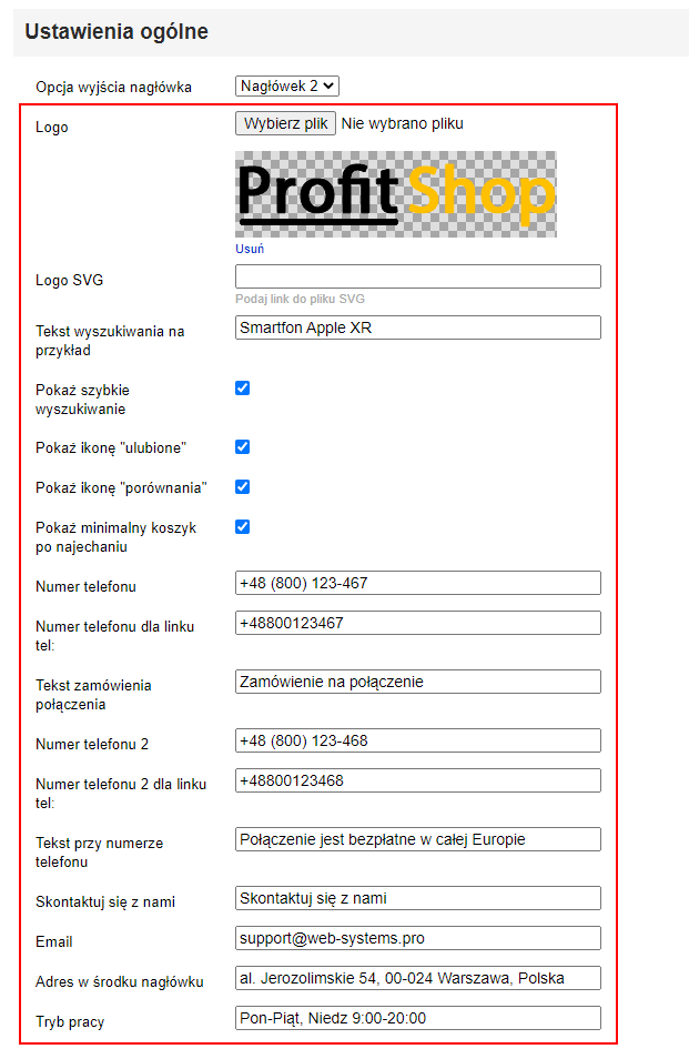 Ustawienia telefonu, adresu i wyszukiwania w nagłówku (ProfitShop)