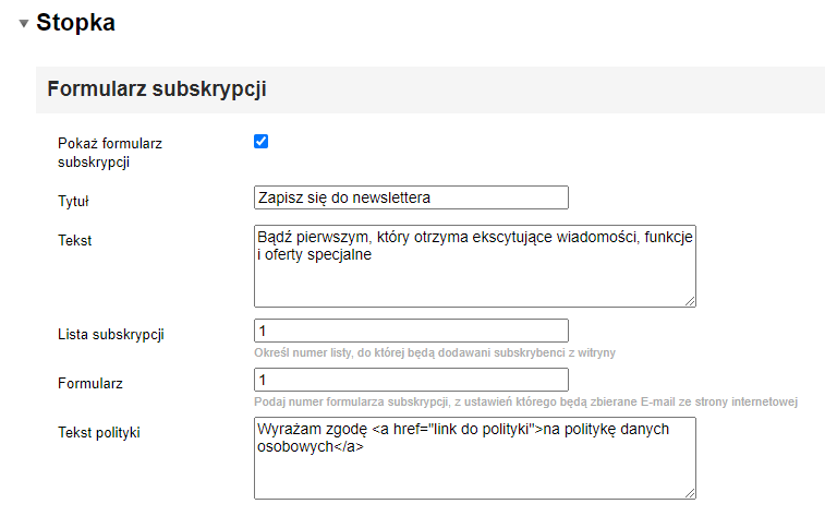 Stopka witryny - Formularz subskrypcji (TopSpeed)