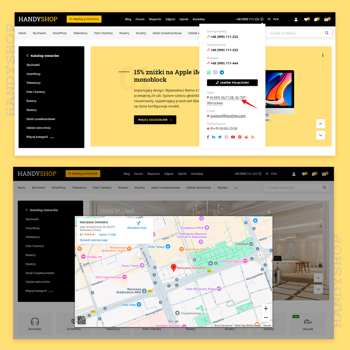 Wyskakujące kontakty i popup z mapą w szablonie Handyshop