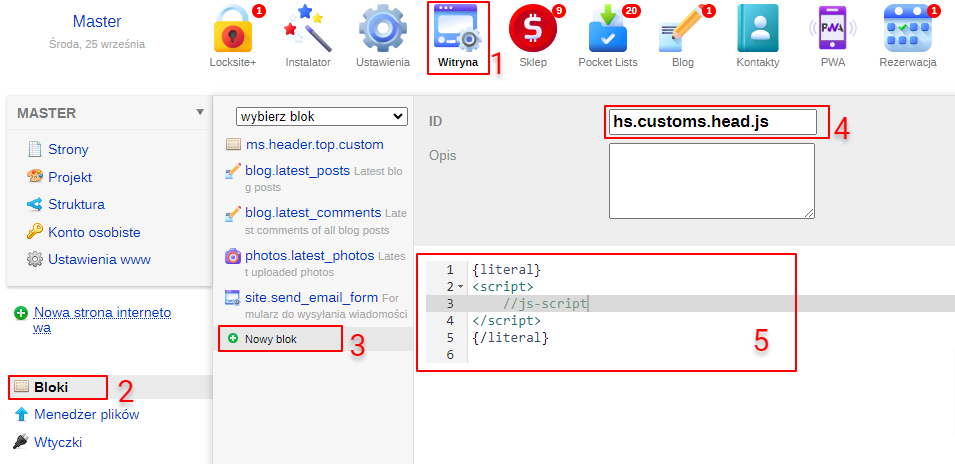 Nowy blok skryptów JS w sekcji Wityna - Bloki
