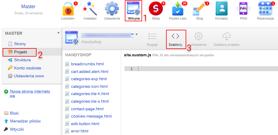 Edycja pliku JS w ustawieniach szablonu Handyshop