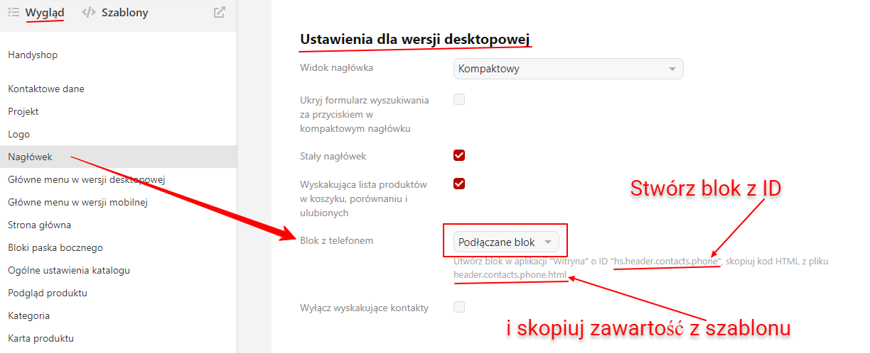 Ustawienia w sekcji Nagłówek -> Blok z telefonem (Handyshop)