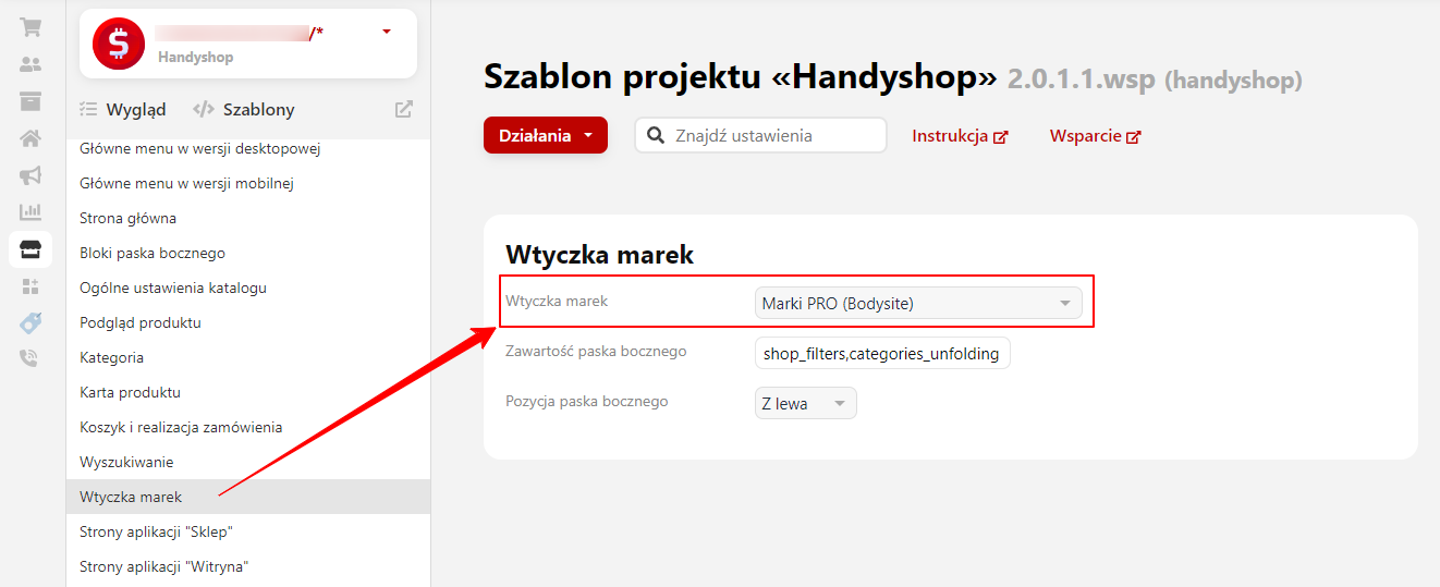 Wybór opcji „Wtyczka marek” (Handyshop)