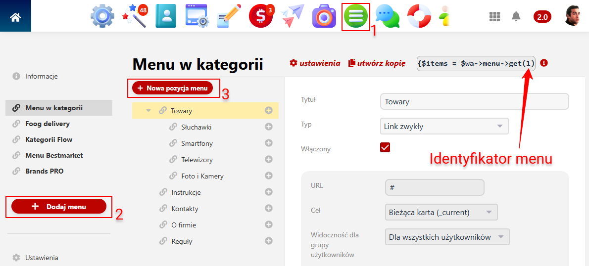 Identyfikator z aplikacji Zarządzanie Menu