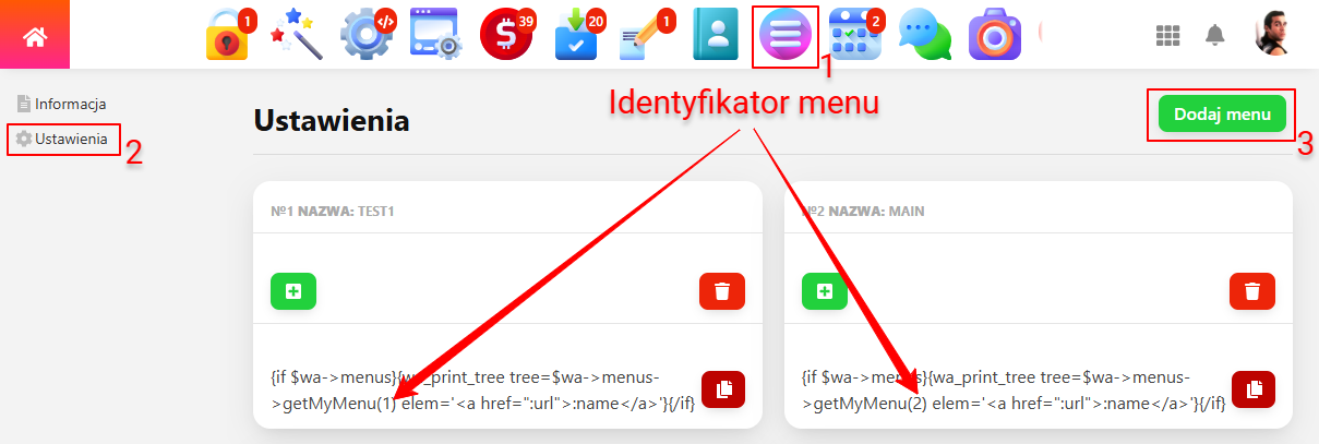 Identyfikator z aplikacji Menu