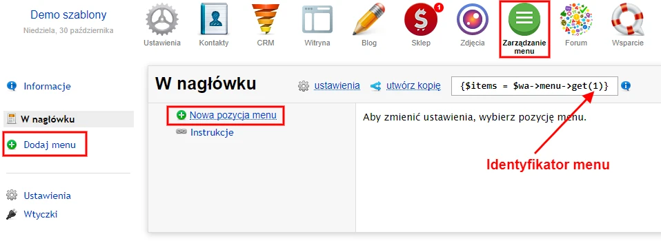 ID menu z aplikacji Zarządzanie menu