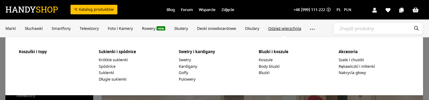 Menu poziome rozwinięte bez ikon