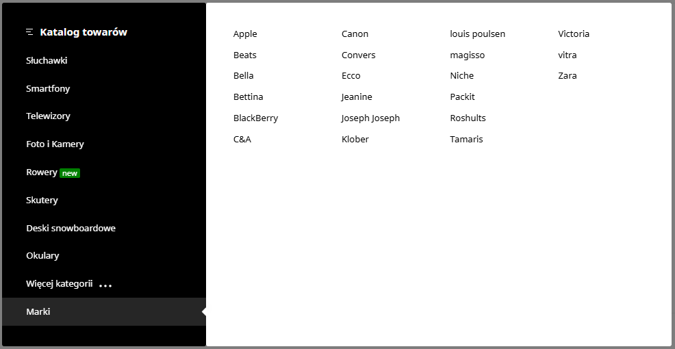 Wygląd menu marek bez logo w kilku kolumnach