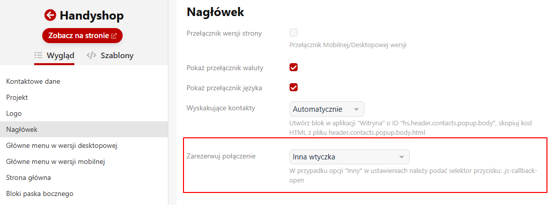 Ustawianie wyboru wtyczki dla przycisku Zamów połączenie (Handyshop)