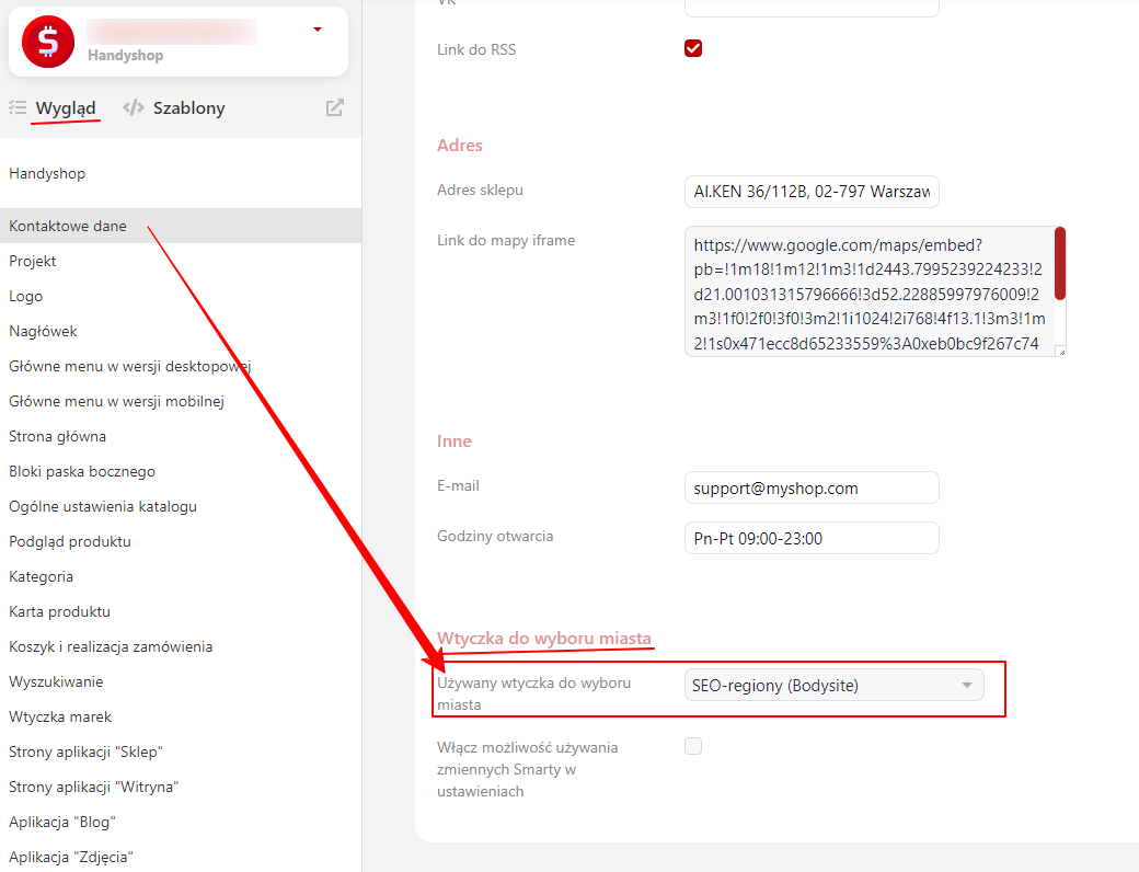 Podłączenie wtyczki „SEO-regiony” (Handyshop)