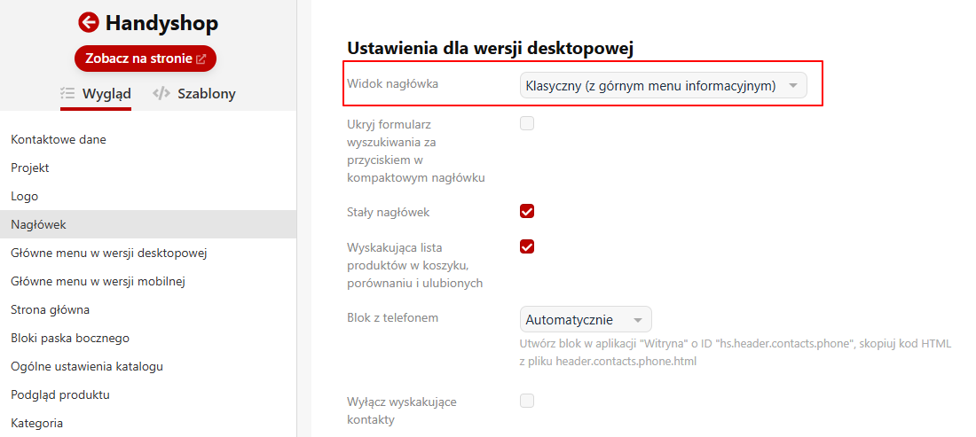 Ustawienia nagłówka do szablonu Handyshop