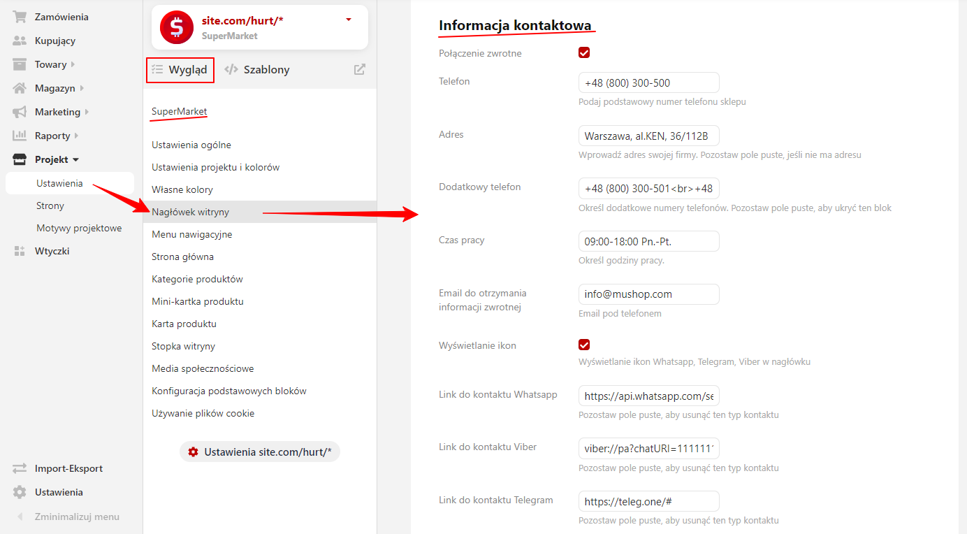 Ustawiena informacji kontaktowej (SuperMarket)