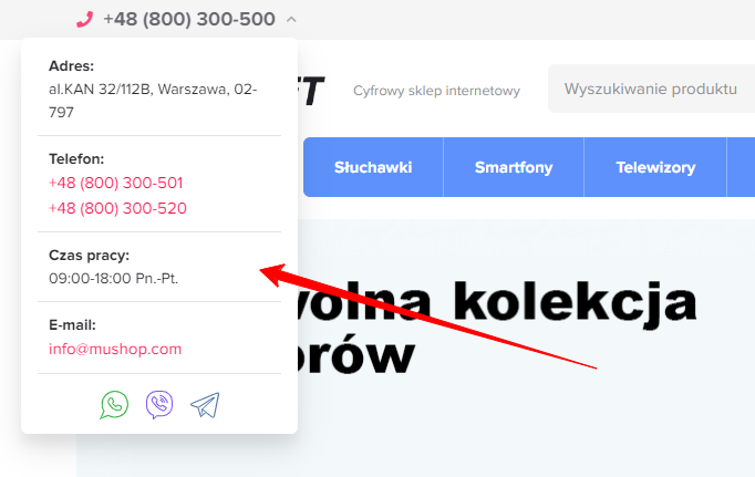 Informacja kontaktowa na witrynie (SuperMarket)