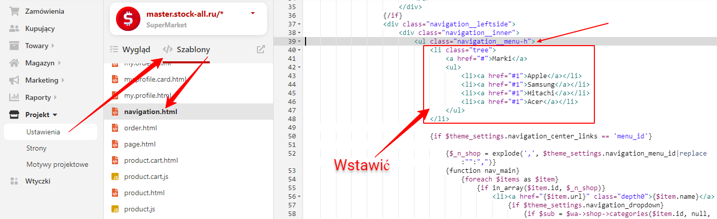 Przykład zmian w szablonie navigation.html (SuperMarket)