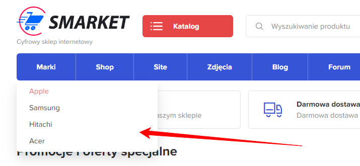 Dodanie elementu „Marki” do menu nawigacyjnego (SuperMarket)