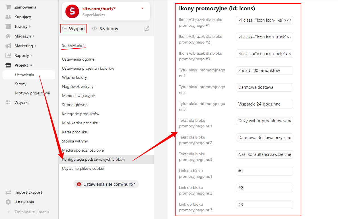 Ustawienia bloku ikon promocyjnych (SuperMarket)