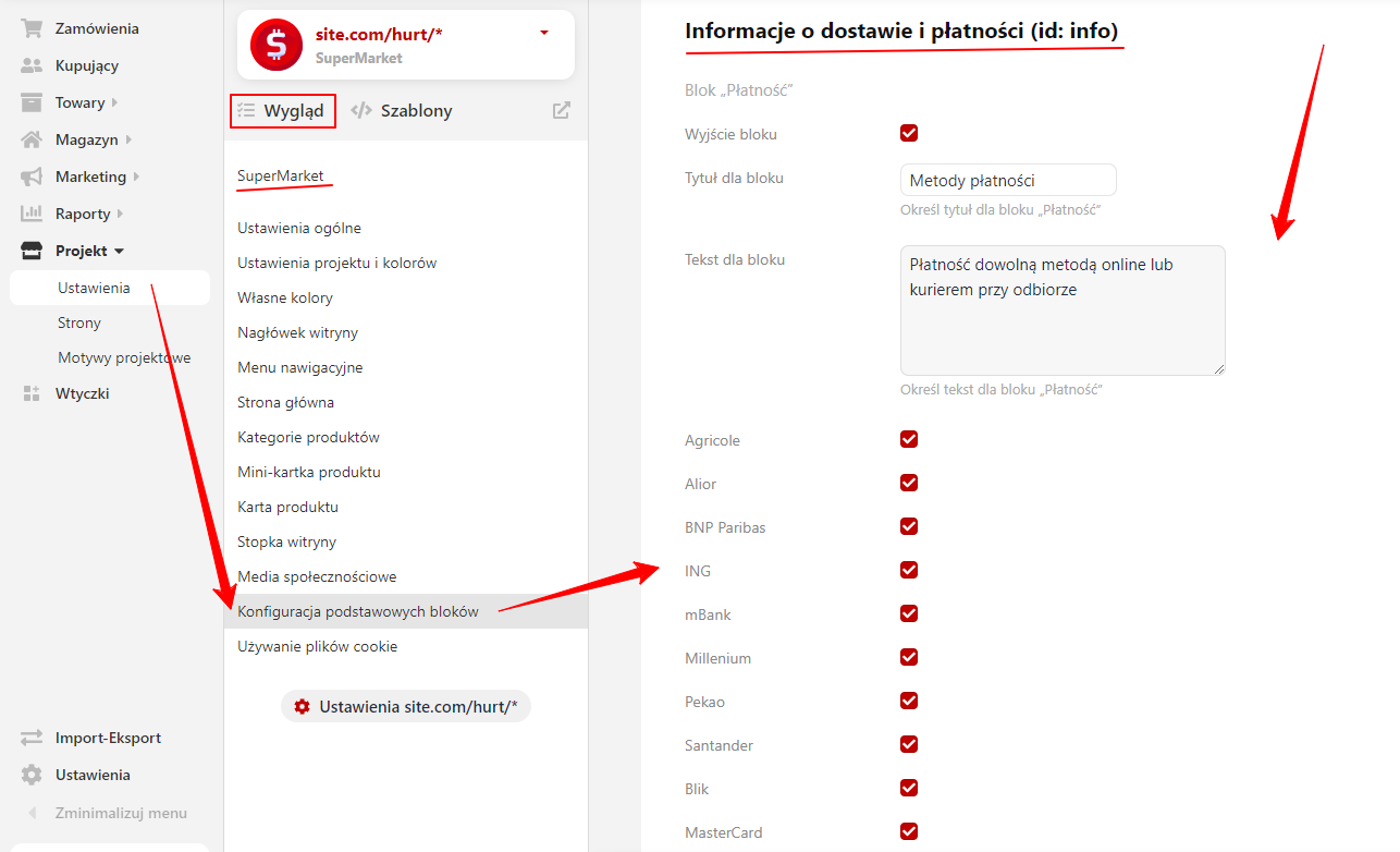 Konfiguracja bloku o dostawie i płatności (SuperMarket)