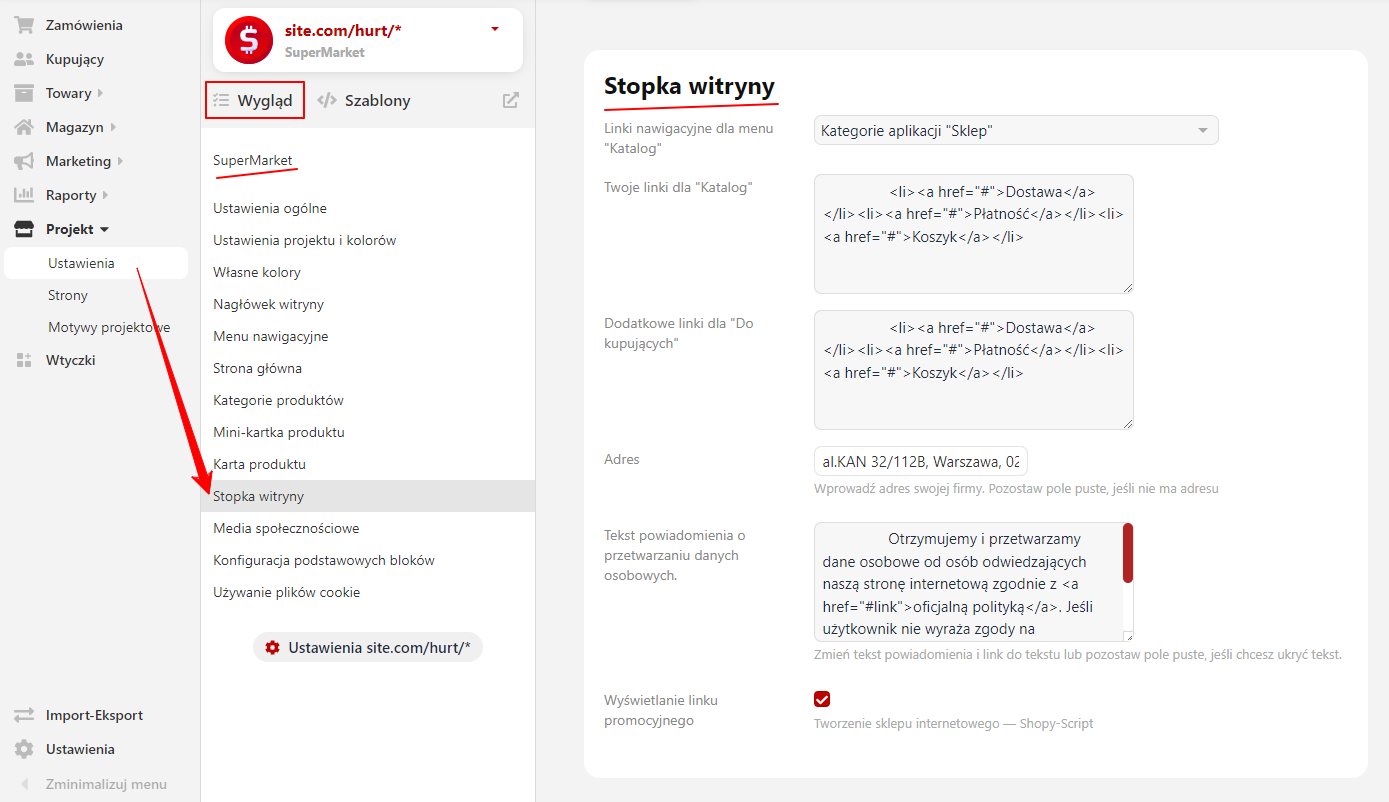 Konfiguracja stopki witryny (SuperMarket)