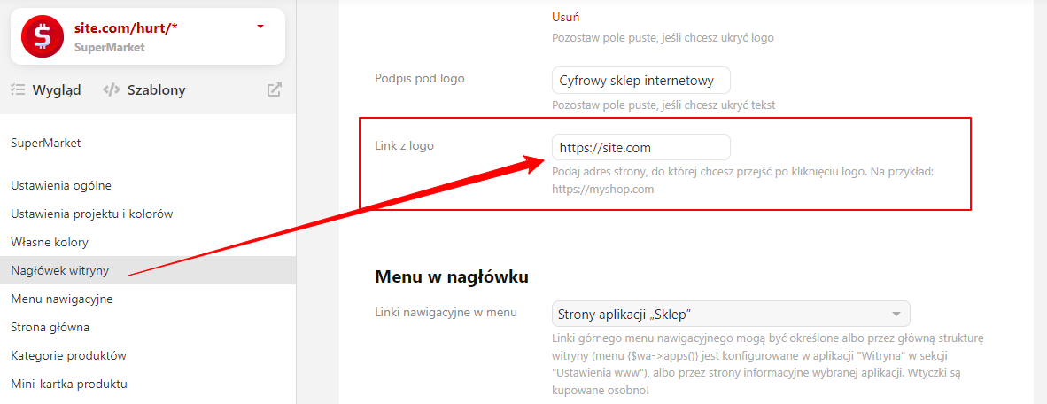 Ustawienie linku z logo (SuperMarket)