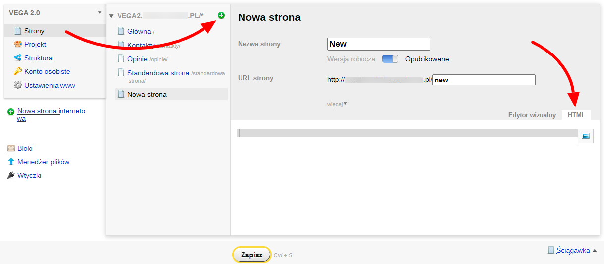 Tworzenie nowej strony w trybie HTML