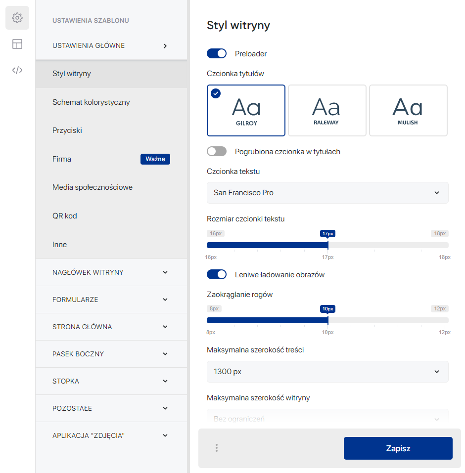 Ustawienia główne - Styl witryny