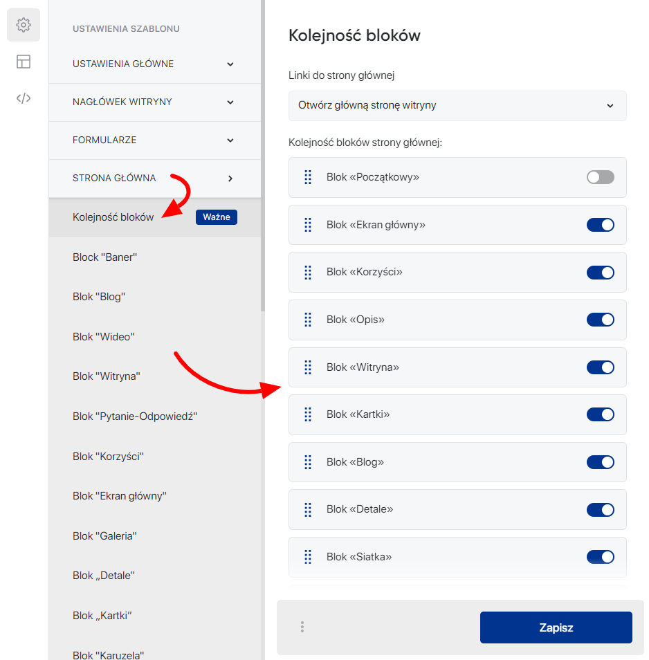 Konfiguracja strony głównej — Wyświetlanie i sortowanie bloków