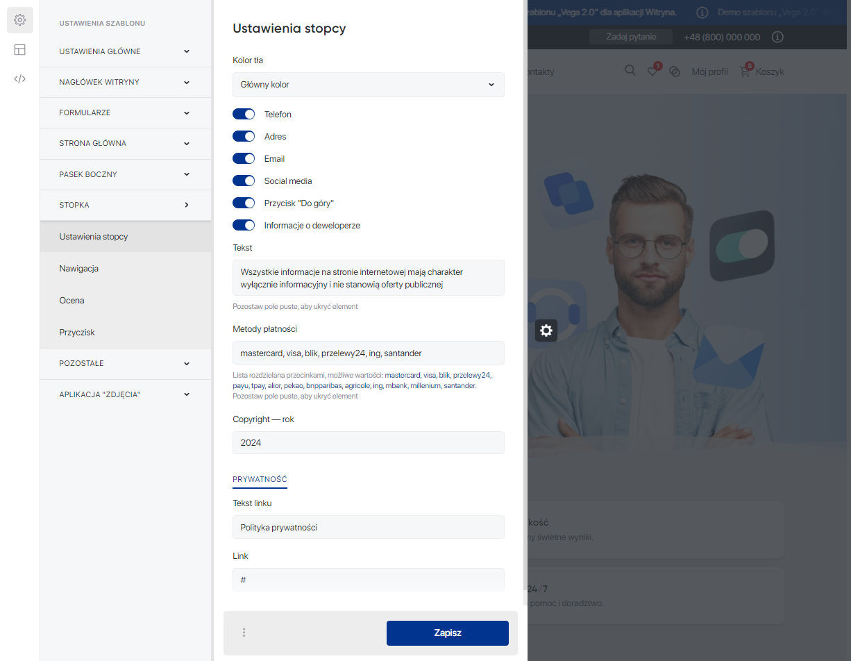 Stopka 'Vega 2.0' — Ustawienia stopcy