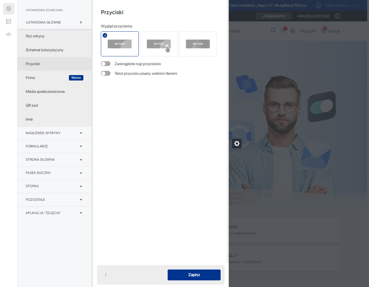 Ustawienia główne 'Vega 2.0' — Przyciski