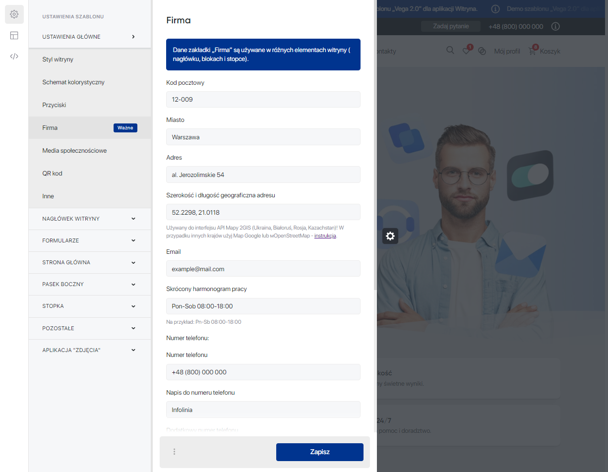 Ustawienia główne 'Vega 2.0' — Firma