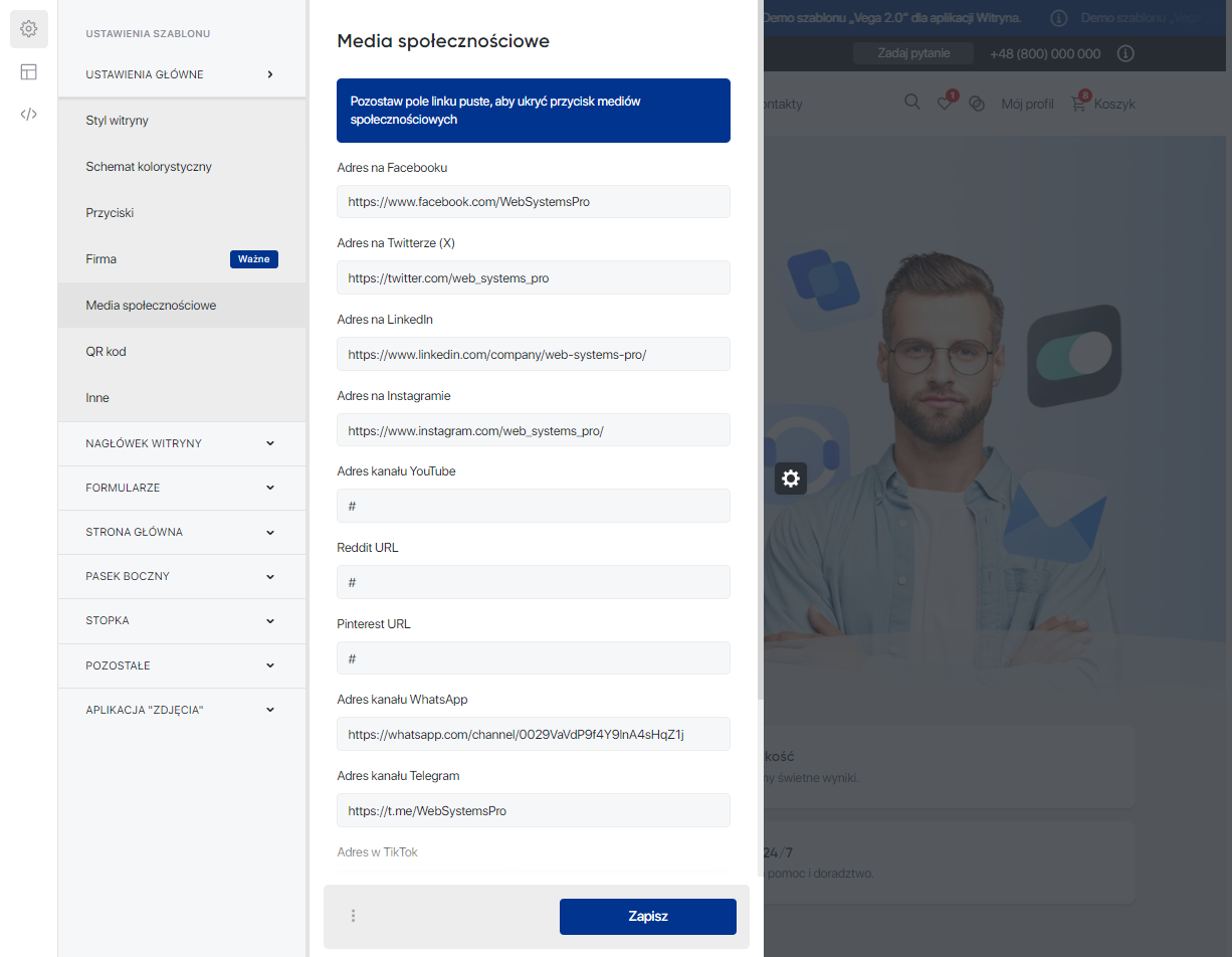 Ustawienia główne 'Vega 2.0' — Media społecznościowe