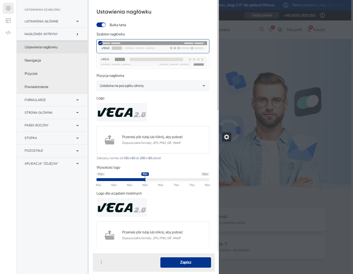 Nagłówek witryny 'Vega 2.0' — Ustawienia nagłówku